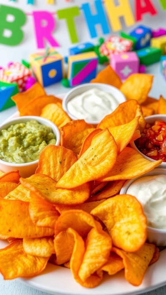 Savory Birthday Party Chips Recipe A colorful platter of crispy homemade chips with dips for a birthday celebration.